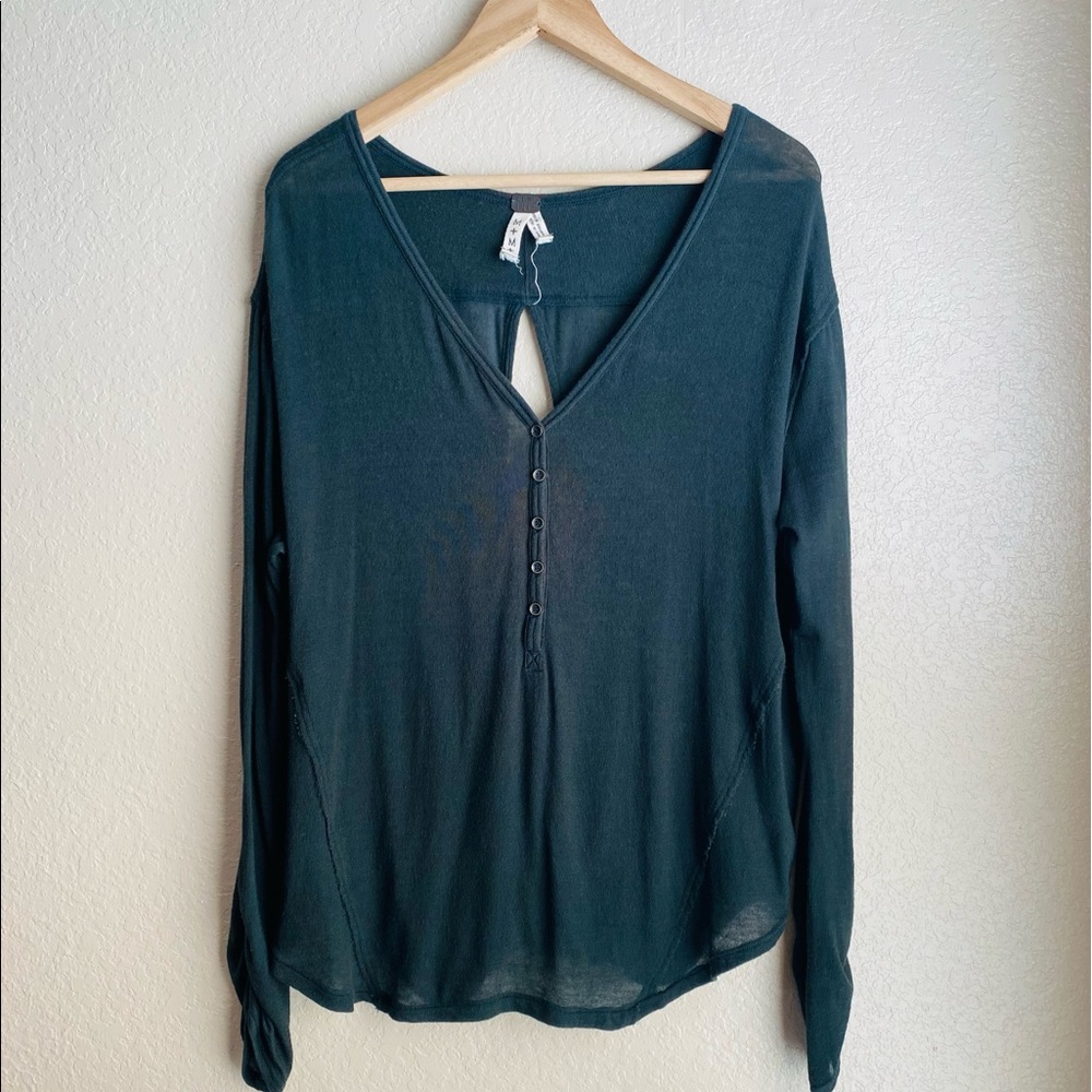 Free People Green Henley Sheer Split Open Back Top